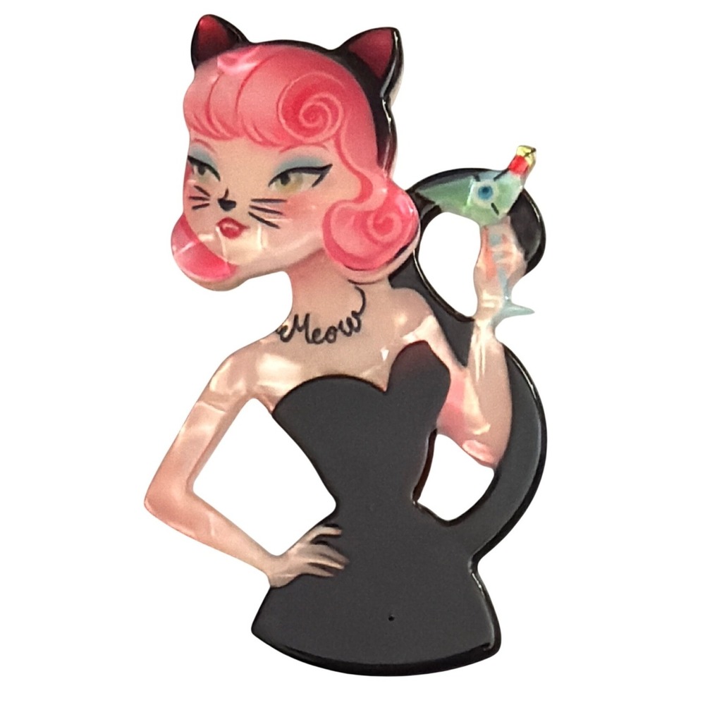 Layered Acrylic Brooch Pinup Rockabilly Mid-Century Modern Cat Atomic Age 50s
